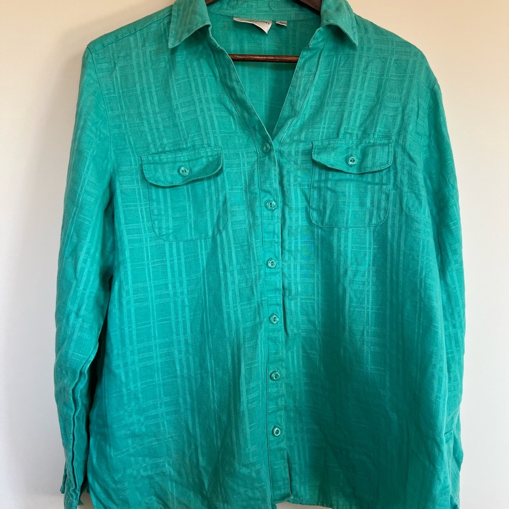 Studio Works Turquoise Button-Front Shirt 100% linen women large plaid